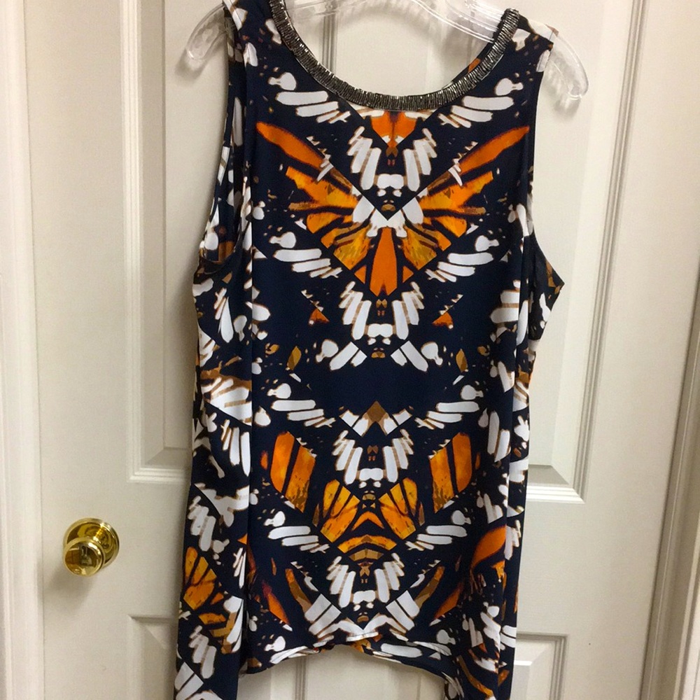 Abstract “Monarch Butterfly” Pattern Sleeveless Top with Shark Bite Hem